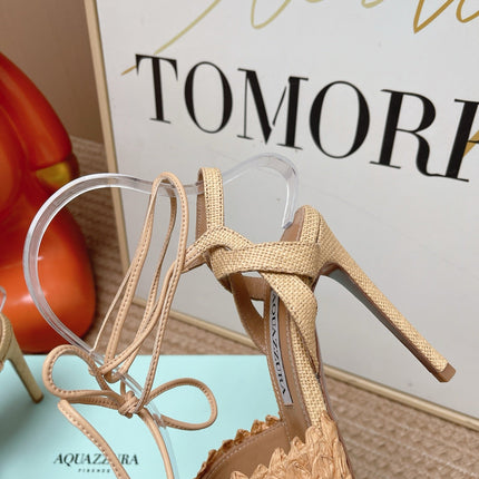 AQUAZZURA 26S LACE-UP HIGH HEEL SANDALS IN BEIGE WOVEN RAFFIA