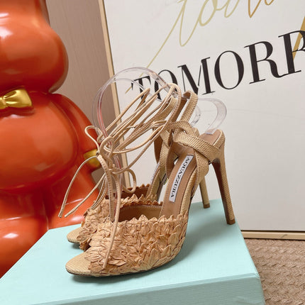 AQUAZZURA 26S LACE-UP HIGH HEEL SANDALS IN BEIGE WOVEN RAFFIA