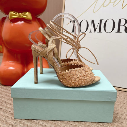 AQUAZZURA 26S LACE-UP HIGH HEEL SANDALS IN BEIGE WOVEN RAFFIA