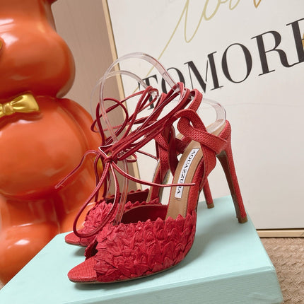 AQUAZZURA 26S LACE-UP HIGH HEEL SANDALS IN RED WOVEN RAFFIA