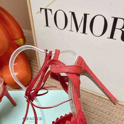AQUAZZURA 26S LACE-UP HIGH HEEL SANDALS IN RED WOVEN RAFFIA