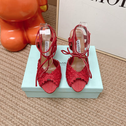 AQUAZZURA 26S LACE-UP HIGH HEEL SANDALS IN RED WOVEN RAFFIA