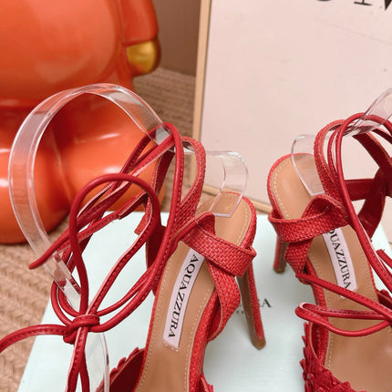 AQUAZZURA 26S LACE-UP HIGH HEEL SANDALS IN RED WOVEN RAFFIA
