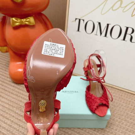 AQUAZZURA 26S LACE-UP HIGH HEEL SANDALS IN RED WOVEN RAFFIA
