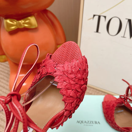 AQUAZZURA 26S LACE-UP HIGH HEEL SANDALS IN RED WOVEN RAFFIA