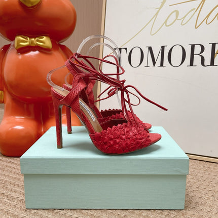 AQUAZZURA 26S LACE-UP HIGH HEEL SANDALS IN RED WOVEN RAFFIA
