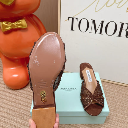 AQUAZZURA 26S LOVER HEELED MULES IN DARK BROWN LAMBSKIN AND MESH