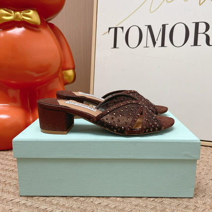 AQUAZZURA 26S LOVER HEELED MULES IN DARK BROWN LAMBSKIN AND MESH