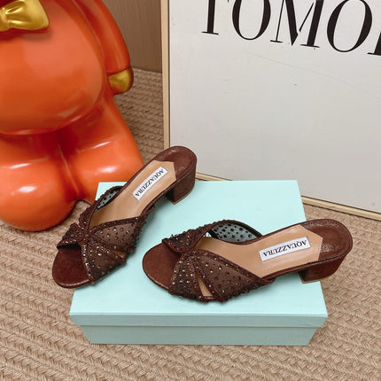 AQUAZZURA 26S LOVER HEELED MULES IN DARK BROWN LAMBSKIN AND MESH