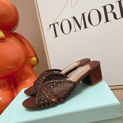 AQUAZZURA 26S LOVER HEELED MULES IN DARK BROWN LAMBSKIN AND MESH