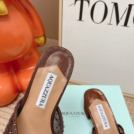 AQUAZZURA 26S LOVER HEELED MULES IN DARK BROWN LAMBSKIN AND MESH