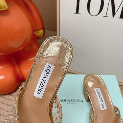 AQUAZZURA 26S LOVER HEELED MULES IN METALLIC GOLD LAMBSKIN AND MESH