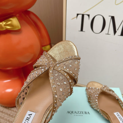 AQUAZZURA 26S LOVER HEELED MULES IN METALLIC GOLD LAMBSKIN AND MESH
