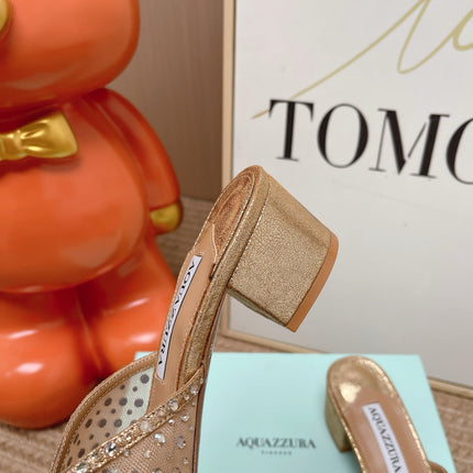 AQUAZZURA 26S LOVER HEELED MULES IN METALLIC GOLD LAMBSKIN AND MESH