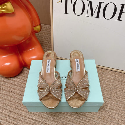 AQUAZZURA 26S LOVER HEELED MULES IN METALLIC GOLD LAMBSKIN AND MESH