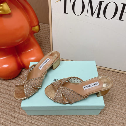 AQUAZZURA 26S LOVER HEELED MULES IN METALLIC GOLD LAMBSKIN AND MESH