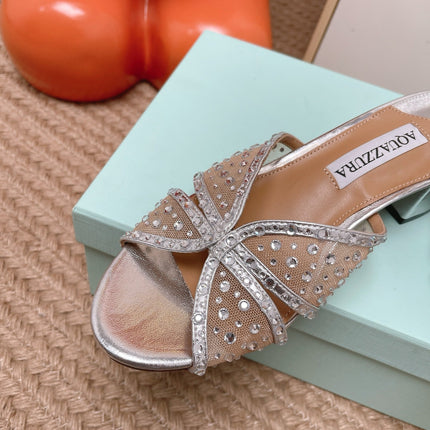 AQUAZZURA 26S LOVER HEELED MULES IN SILVER LAMBSKIN AND MESH