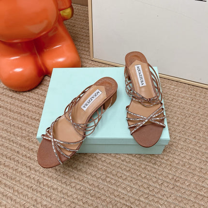 AQUAZZURA 26S CRYSTAL STRAP SANDALS 45 MM IN BROWN FABRIC