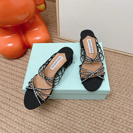 AQUAZZURA 26S CRYSTAL STRAP SANDALS 45 MM IN BLACK FABRIC