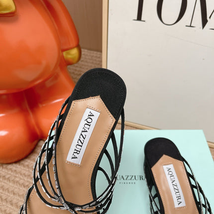 AQUAZZURA 26S CRYSTAL STRAP SANDALS 45 MM IN BLACK FABRIC