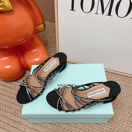 AQUAZZURA 26S CRYSTAL STRAP SANDALS 45 MM IN BLACK FABRIC