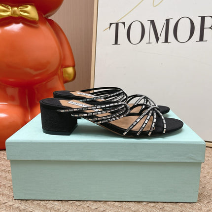 AQUAZZURA 26S CRYSTAL STRAP SANDALS 45 MM IN BLACK FABRIC