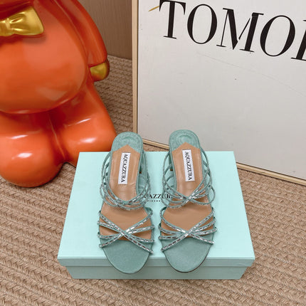 AQUAZZURA 26S CRYSTAL STRAP SANDALS 45 MM IN MINT GREEN FABRIC