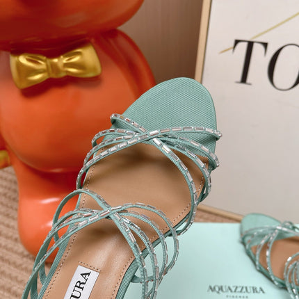 AQUAZZURA 26S CRYSTAL STRAP SANDALS 45 MM IN MINT GREEN FABRIC