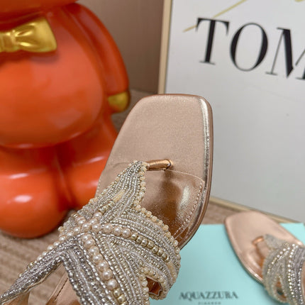 AQUAZZURA 26S STARFISH THONG HEELS IN ROSE GOLD LAMBSKIN