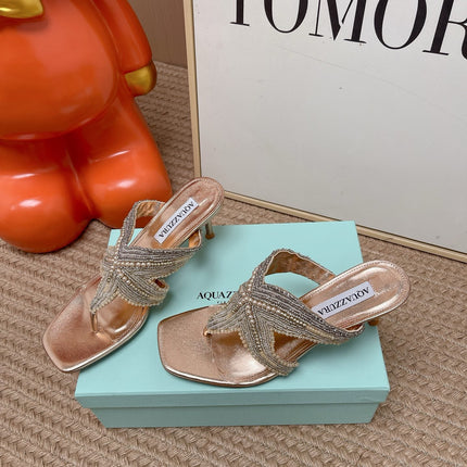AQUAZZURA 26S STARFISH THONG HEELS IN ROSE GOLD LAMBSKIN