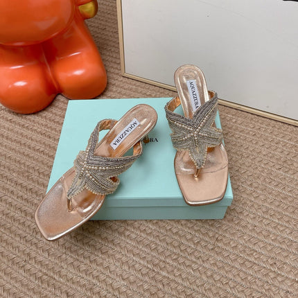 AQUAZZURA 26S STARFISH THONG HEELS IN ROSE GOLD LAMBSKIN