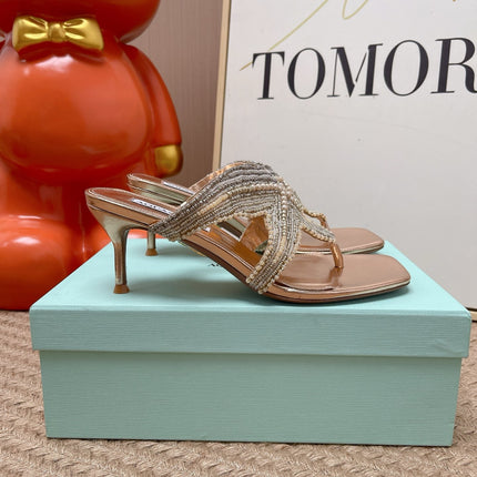 AQUAZZURA 26S STARFISH THONG HEELS IN ROSE GOLD LAMBSKIN