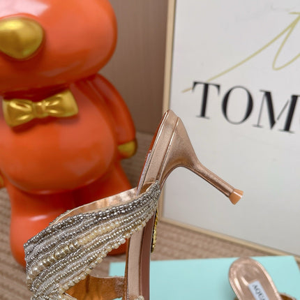 AQUAZZURA 26S STARFISH THONG HEELS IN ROSE GOLD LAMBSKIN