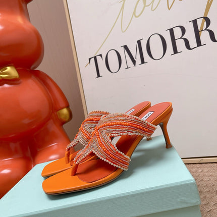 AQUAZZURA 26S STARFISH THONG HEELS IN ORANGE LAMBSKIN