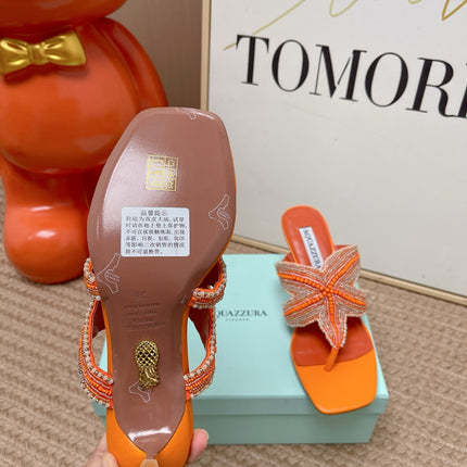 AQUAZZURA 26S STARFISH THONG HEELS IN ORANGE LAMBSKIN
