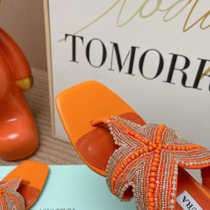 AQUAZZURA 26S STARFISH THONG HEELS IN ORANGE LAMBSKIN