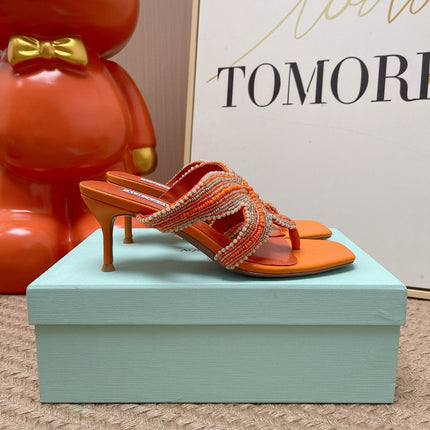 AQUAZZURA 26S STARFISH THONG HEELS IN ORANGE LAMBSKIN