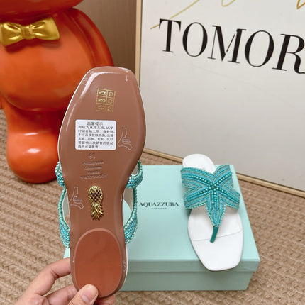 AQUAZZURA 26S STARFISH BEADED THONG SANDALS IN WHITE & TURQUOISE LAMBSKIN