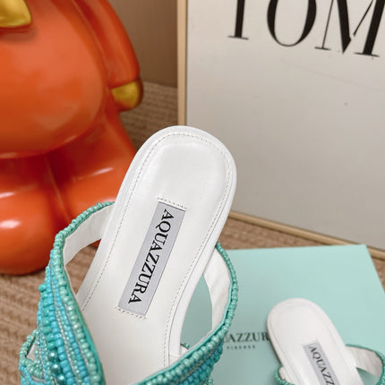 AQUAZZURA 26S STARFISH BEADED THONG SANDALS IN WHITE & TURQUOISE LAMBSKIN