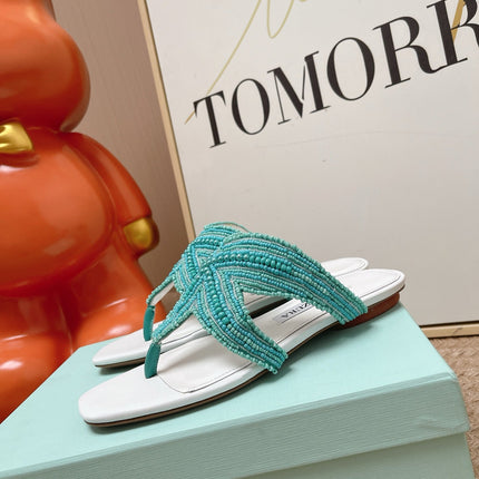 AQUAZZURA 26S STARFISH BEADED THONG SANDALS IN WHITE & TURQUOISE LAMBSKIN