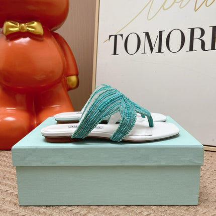 AQUAZZURA 26S STARFISH BEADED THONG SANDALS IN WHITE & TURQUOISE LAMBSKIN