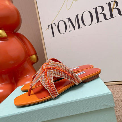 AQUAZZURA 26S STARFISH BEADED THONG SANDALS IN ORANGE LAMBSKIN