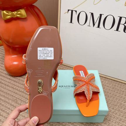 AQUAZZURA 26S STARFISH BEADED THONG SANDALS IN ORANGE LAMBSKIN
