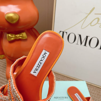 AQUAZZURA 26S STARFISH BEADED THONG SANDALS IN ORANGE LAMBSKIN