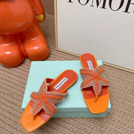 AQUAZZURA 26S STARFISH BEADED THONG SANDALS IN ORANGE LAMBSKIN