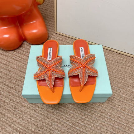 AQUAZZURA 26S STARFISH BEADED THONG SANDALS IN ORANGE LAMBSKIN