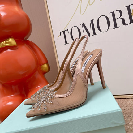 AQUAZZURA 26S POINTED-TOE SLINGBACK 105 MM IN NUDE LEATHER AND MESH CRYSTALS