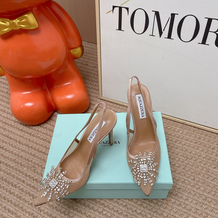 AQUAZZURA 26S POINTED-TOE SLINGBACK 105 MM IN NUDE LEATHER AND MESH CRYSTALS