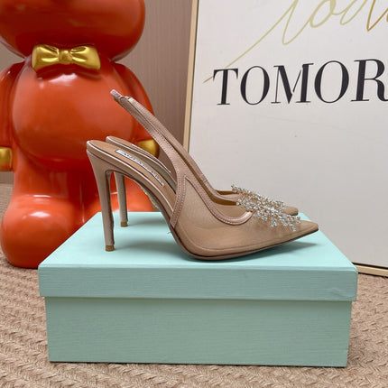 AQUAZZURA 26S POINTED-TOE SLINGBACK 105 MM IN NUDE LEATHER AND MESH CRYSTALS