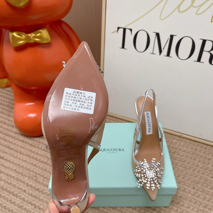 AQUAZZURA 26S POINTED-TOE SLINGBACK 105 MM IN SILVER LEATHER AND MESH CRYSTALS